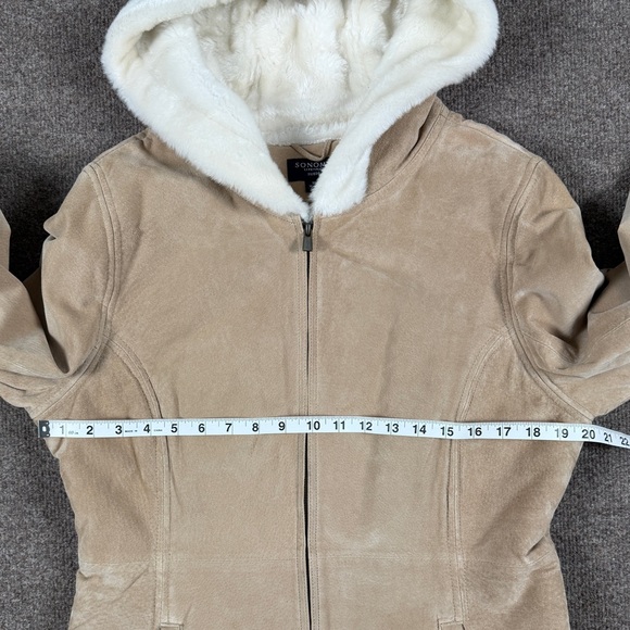 Vintage Beige Tan Suede Leather Hooded Faux Fur Lined Jacket Women’s M Retro Y2K - Picture 9 of 9